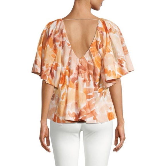 Ginger Smart Womens Silk Cotton Blouse Sz 14 Orange Flutter Sleeve Abstract Top - Picture 2 of 9